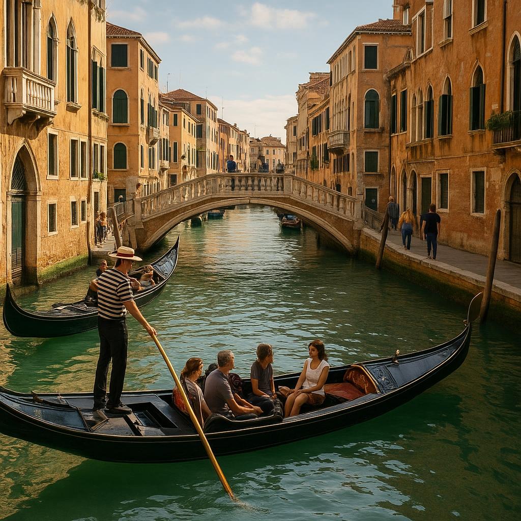 Canale con gondole e ponte storico a Venezia