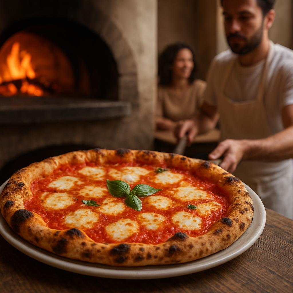 Traditional Neapolitan pizza fresh from a wood-fired oven