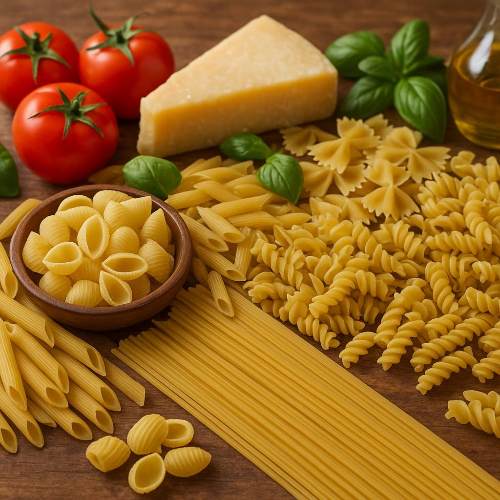 Assortment of Italian pasta shapes with fresh ingredients