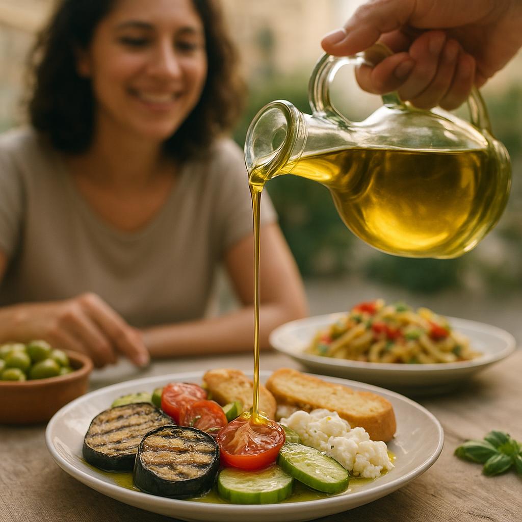 Olive oil being poured over a Mediterranean meal