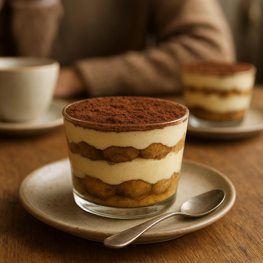 Traditional tiramisu served in a glass dish