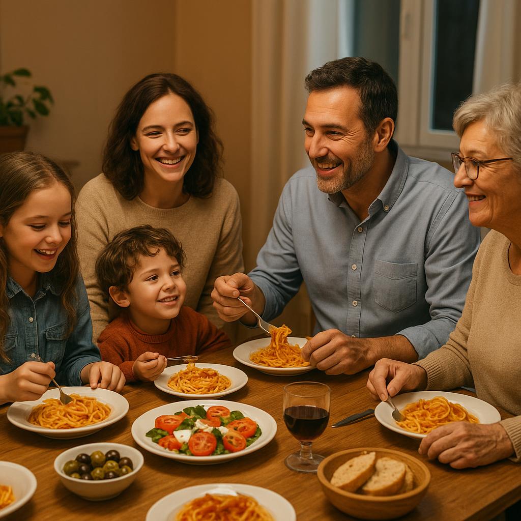 Italian family gathered around a dinner table