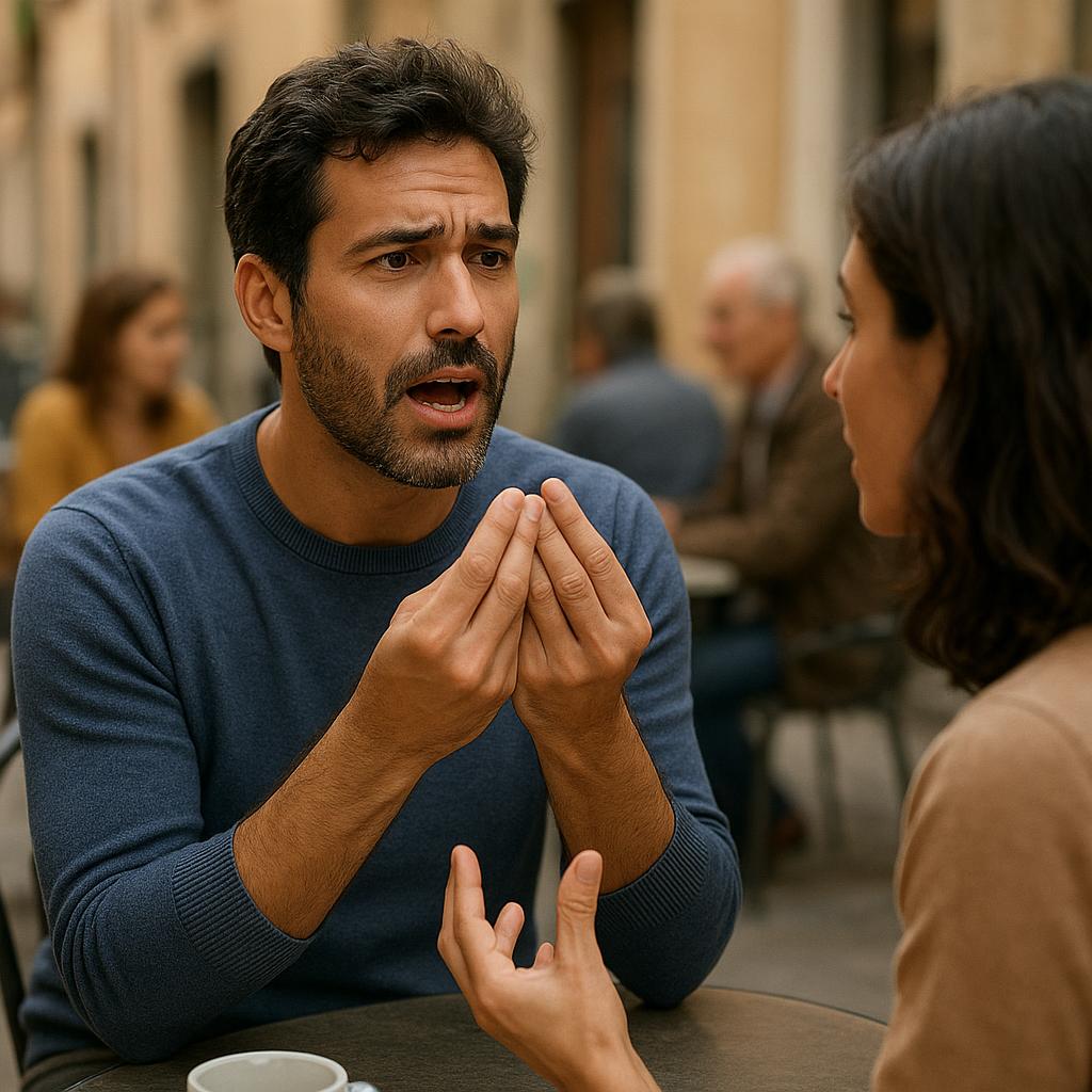 Person speaking expressively with hand gestures