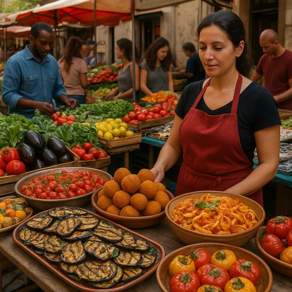 Colorful Sicilian foods displayed at an outdoor market