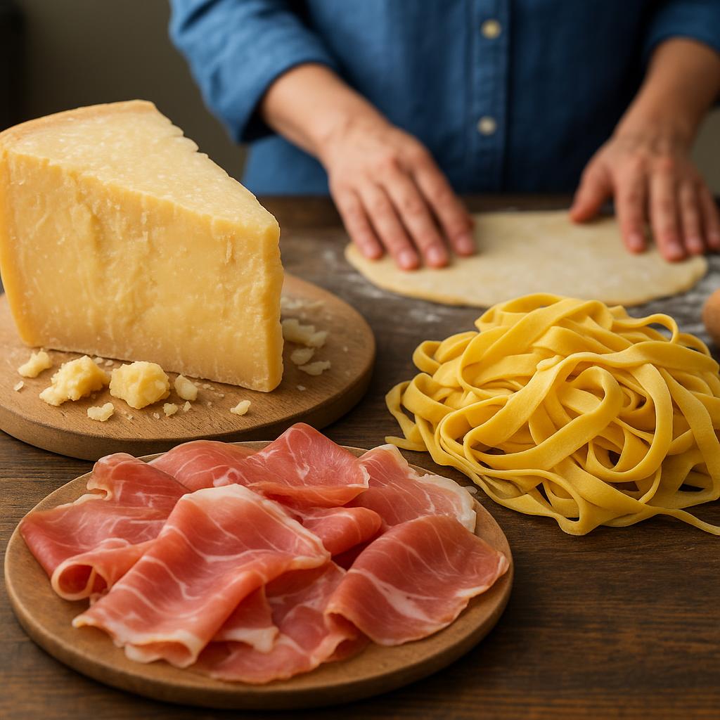 Table with Parmigiano Reggiano, prosciutto and fresh pasta