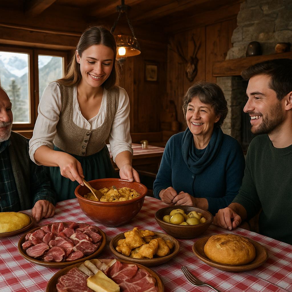 Traditional mountain dishes inside an alpine chalet