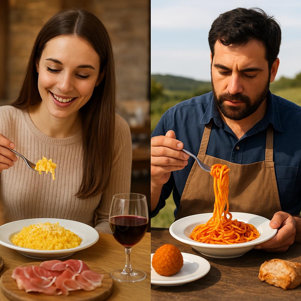 Split image comparing northern and southern Italian foods