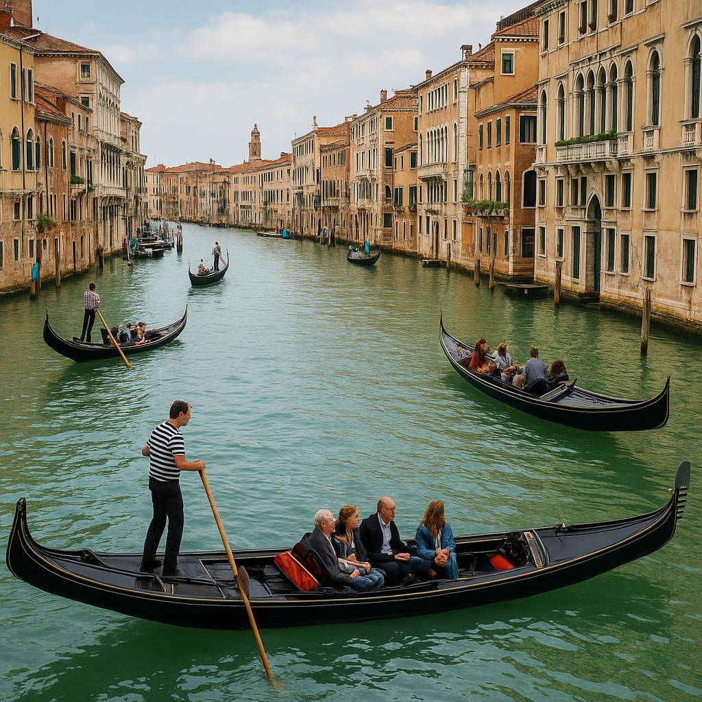Gondolas traveling along a Venetian canal