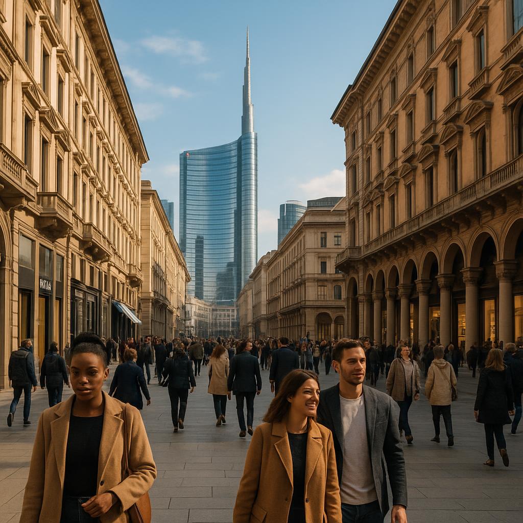 Modern Milan skyline and elegant shopping district