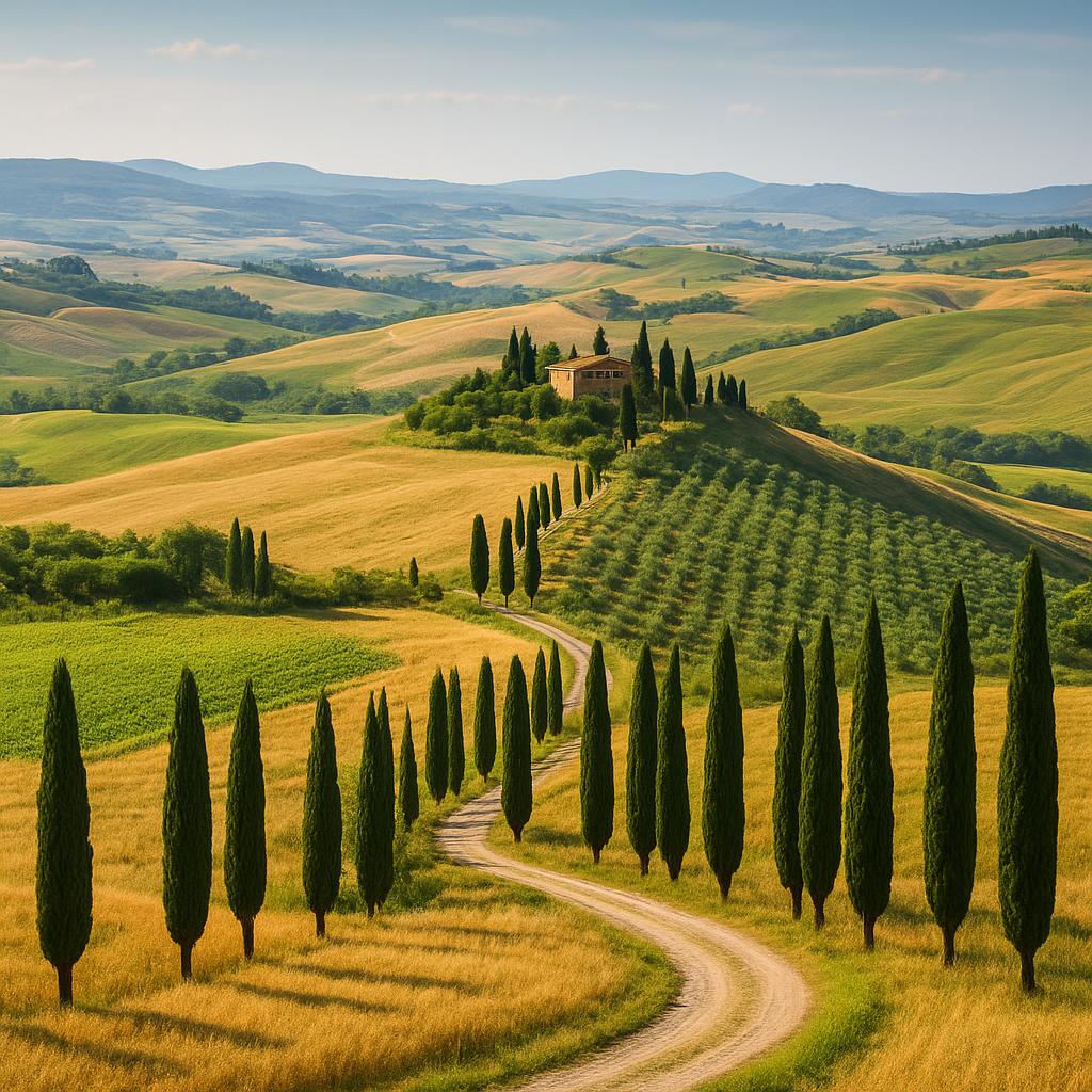 Rolling Tuscan hills lined with cypress trees