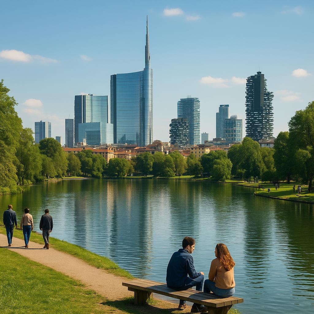 Modern cityscape and lakes in Lombardy