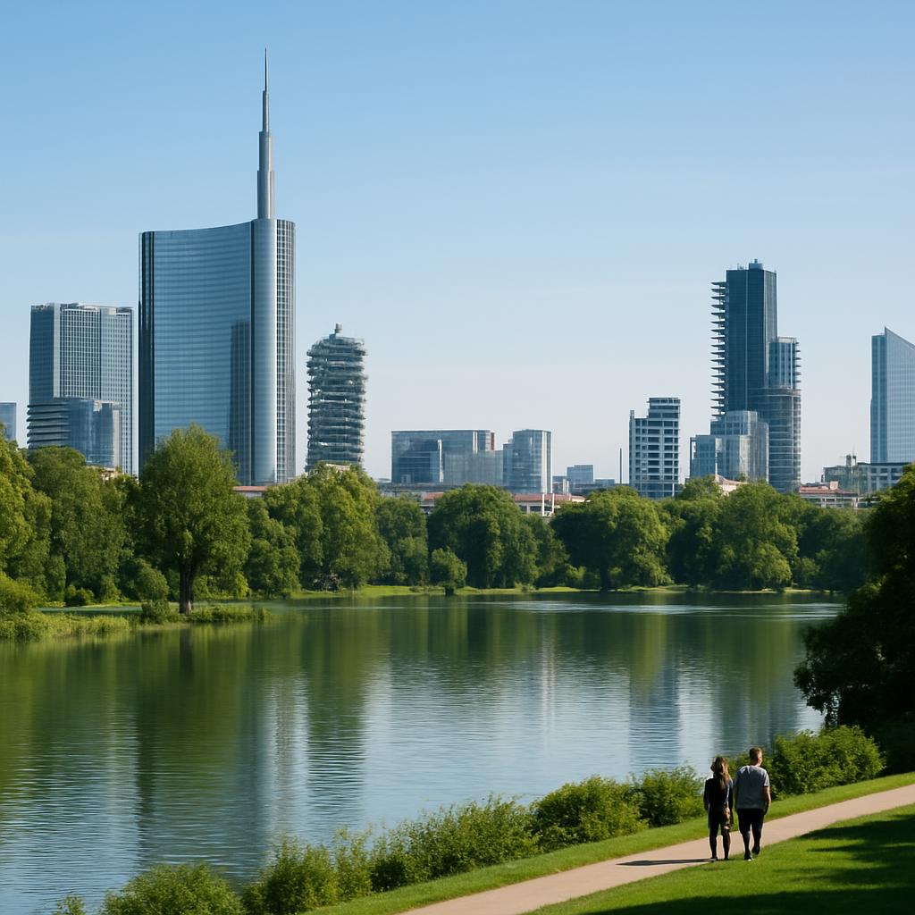 Modern cityscape and lakes in Lombardy