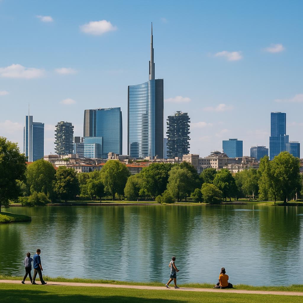 Modern cityscape and lakes in Lombardy