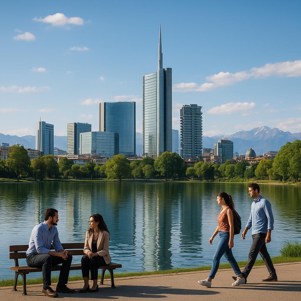 Modern cityscape and lakes in Lombardy