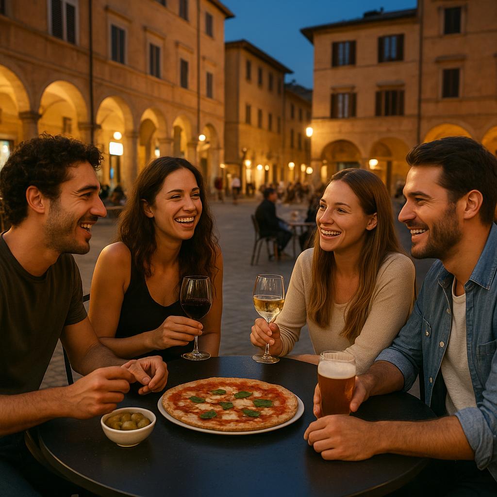 Friends enjoying an evening in an Italian piazza