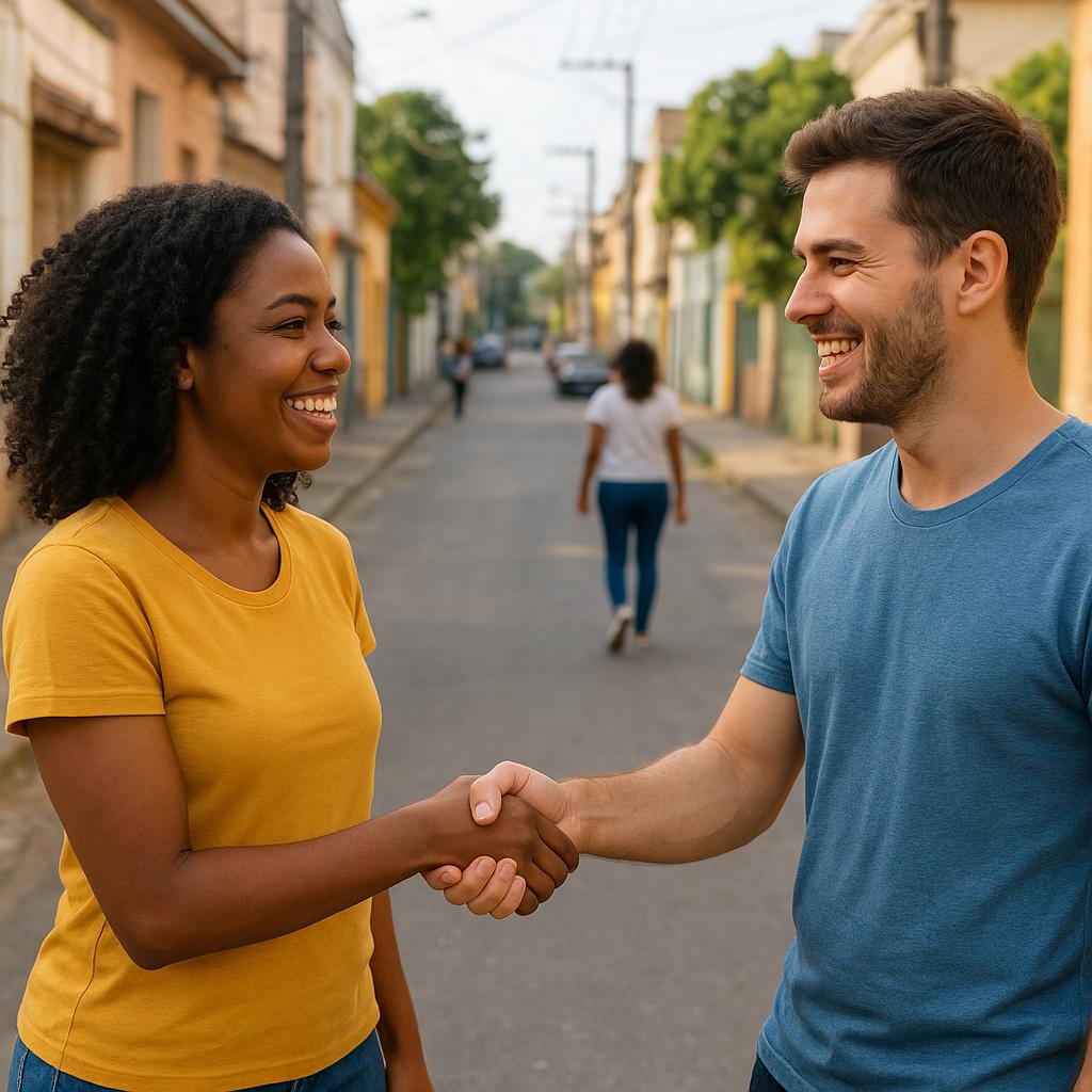 Duas pessoas sorrindo enquanto se cumprimentam em uma rua brasileira