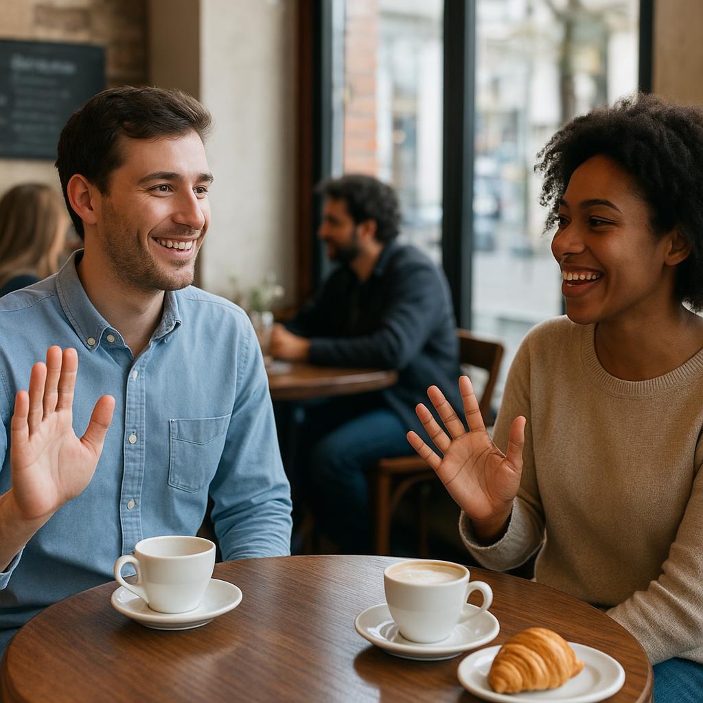 Duas pessoas se apresentando em um café