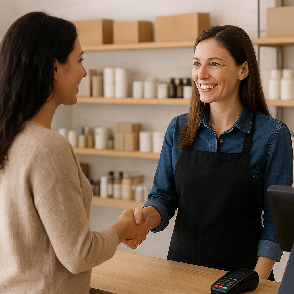 Cliente agradecendo a uma atendente depois de uma compra
