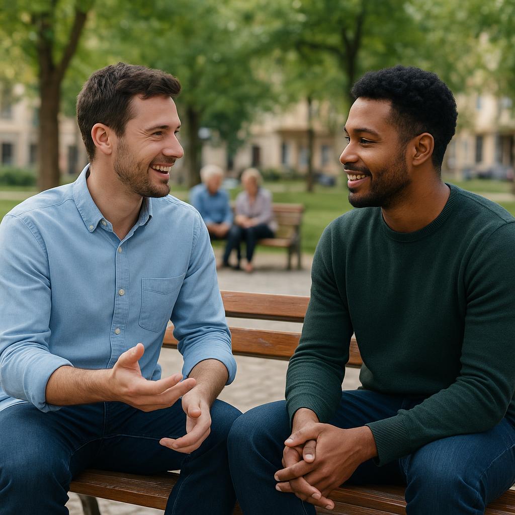 Dois amigos conversando em uma praça