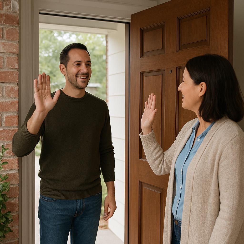 Duas pessoas se despedindo na porta de uma casa