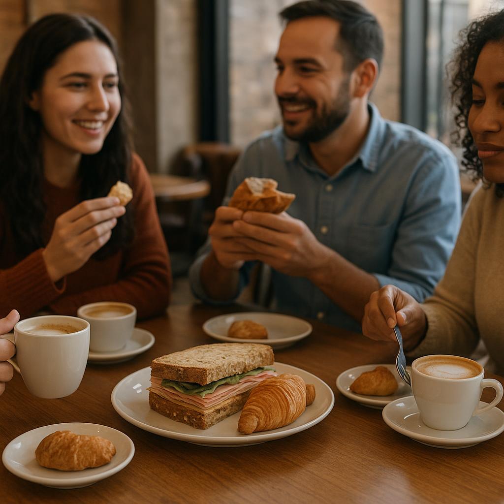 Pessoas fazendo um lanche em uma cafeteria