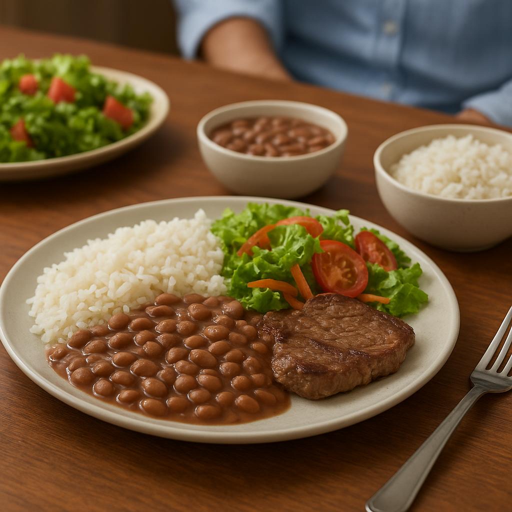 Prato de arroz, feijão, salada e carne servido em uma mesa