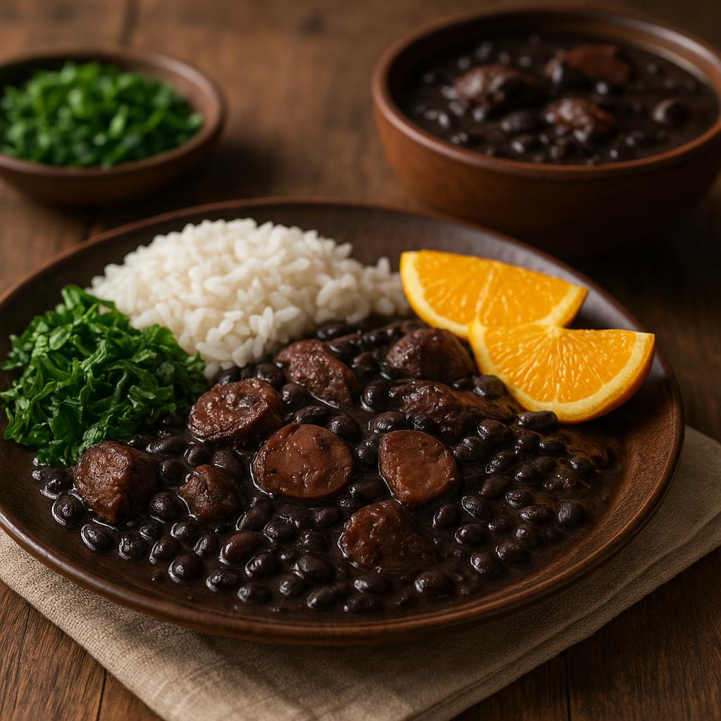 Feijoada servida com arroz, couve e laranja