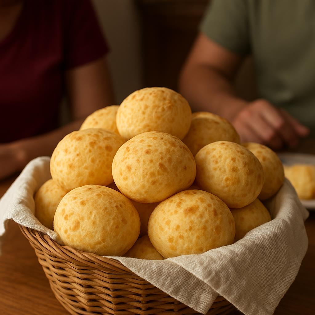 Cesta de pães de queijo recém-assados