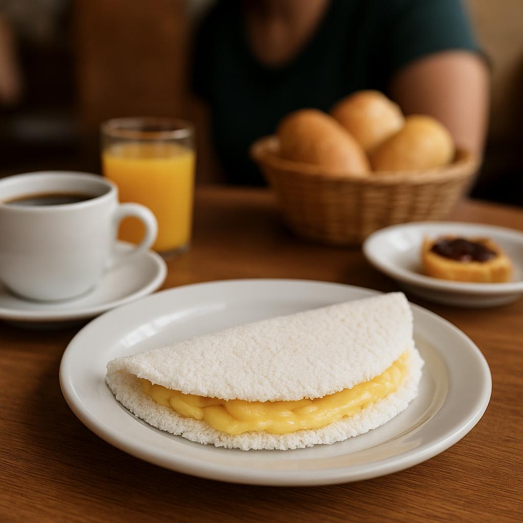 Tapioca recheada servida em um café da manhã brasileiro