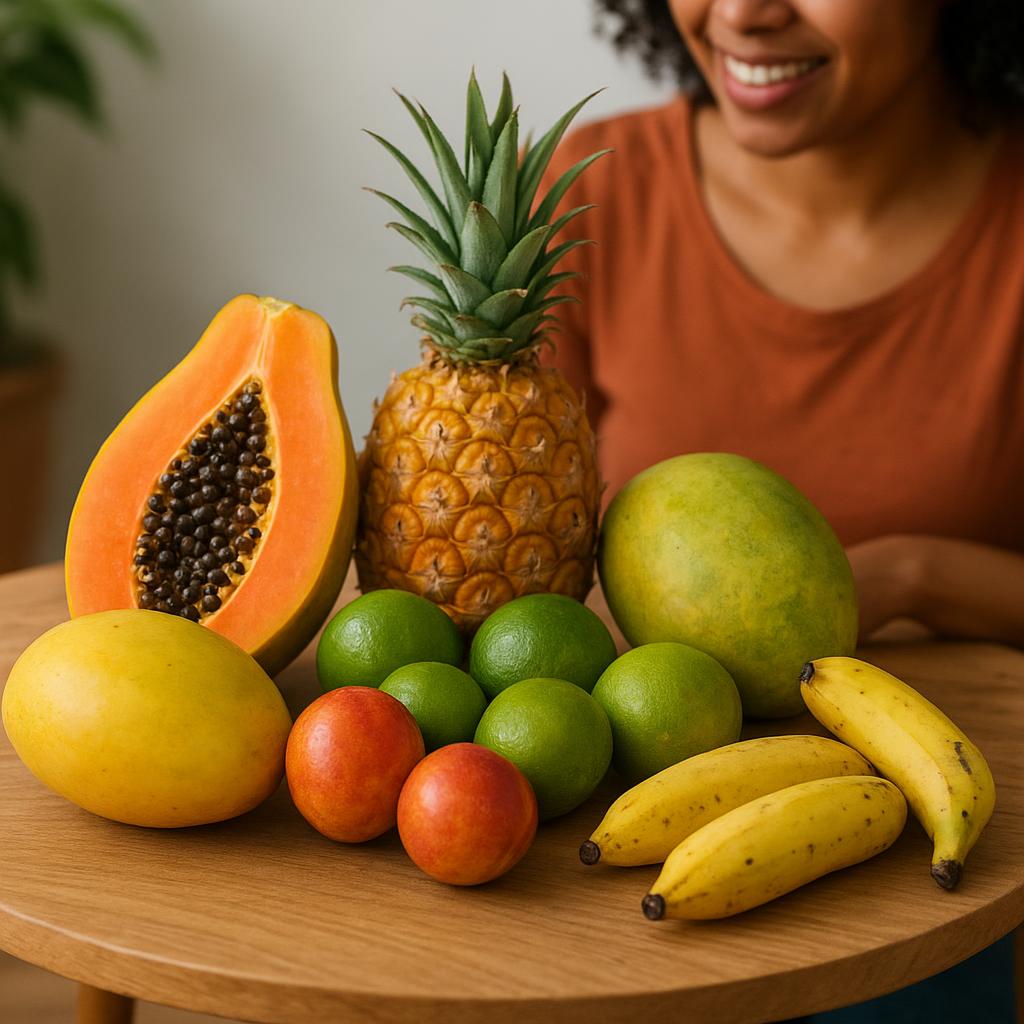 Mesa com manga, mamão, abacaxi e outras frutas tropicais