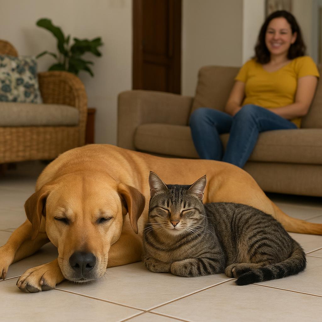 Cachorro e gato descansando em uma casa brasileira
