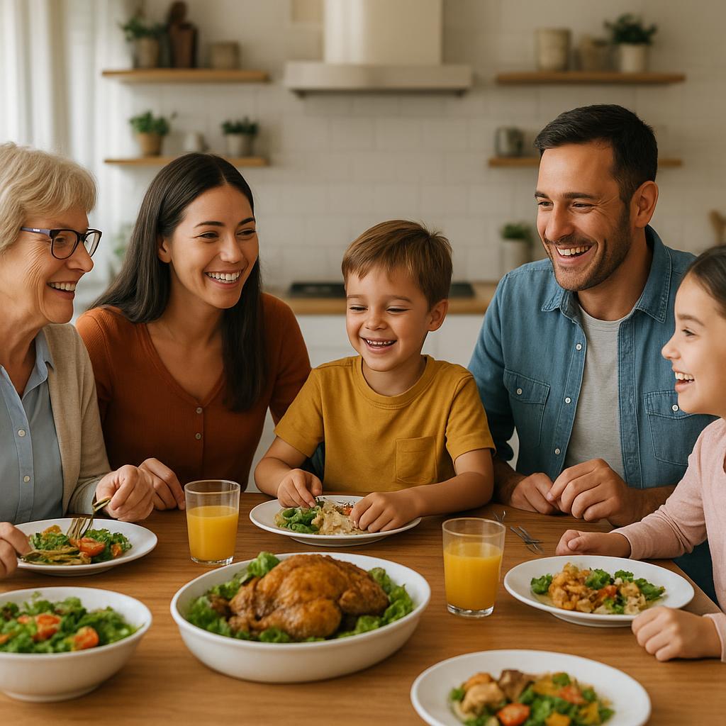 Família reunida em volta da mesa para o almoço