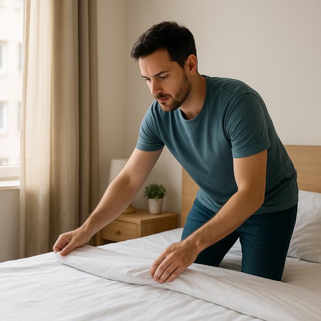 Pessoa arrumando a cama pela manhã