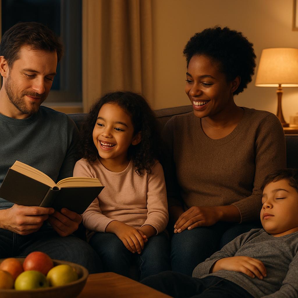 Família lendo e conversando na sala à noite