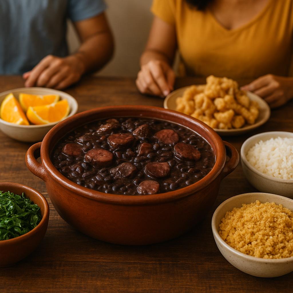 Traditional Brazilian feijoada served with classic side dishes