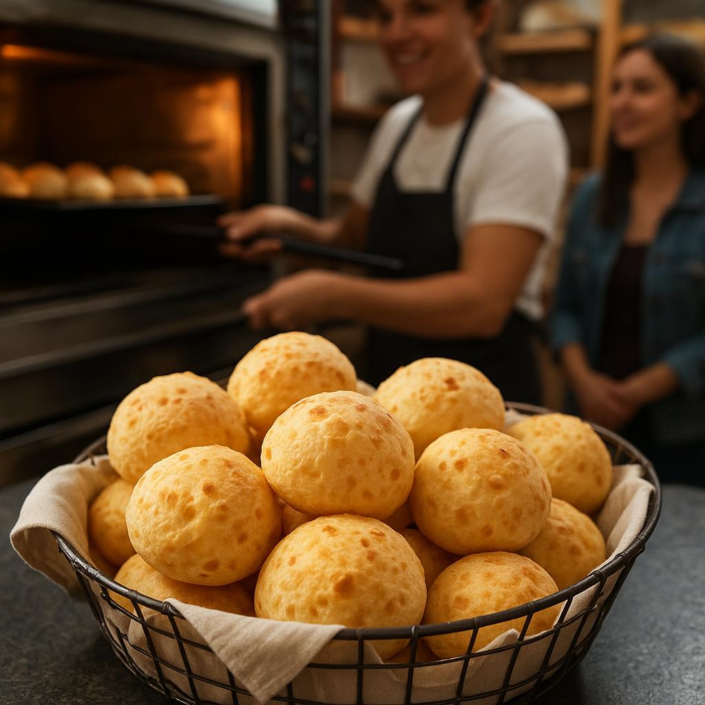 Fresh pão de queijo served warm from the oven