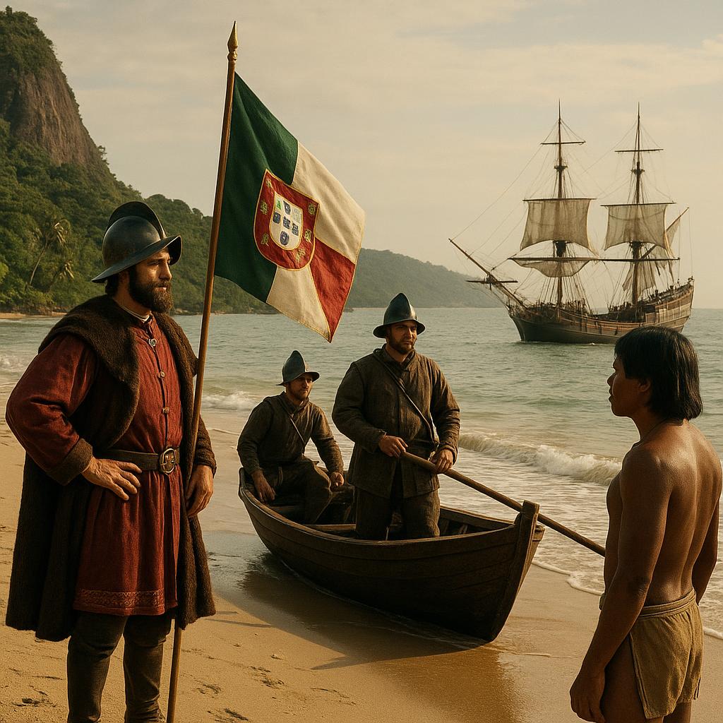 Portuguese explorers arriving on the Brazilian coast and encountering the new land