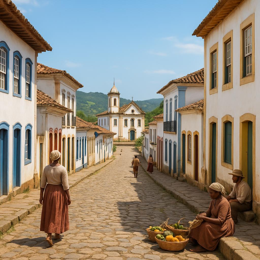 Colonial settlement in Brazil with Portuguese architecture and local landscapes