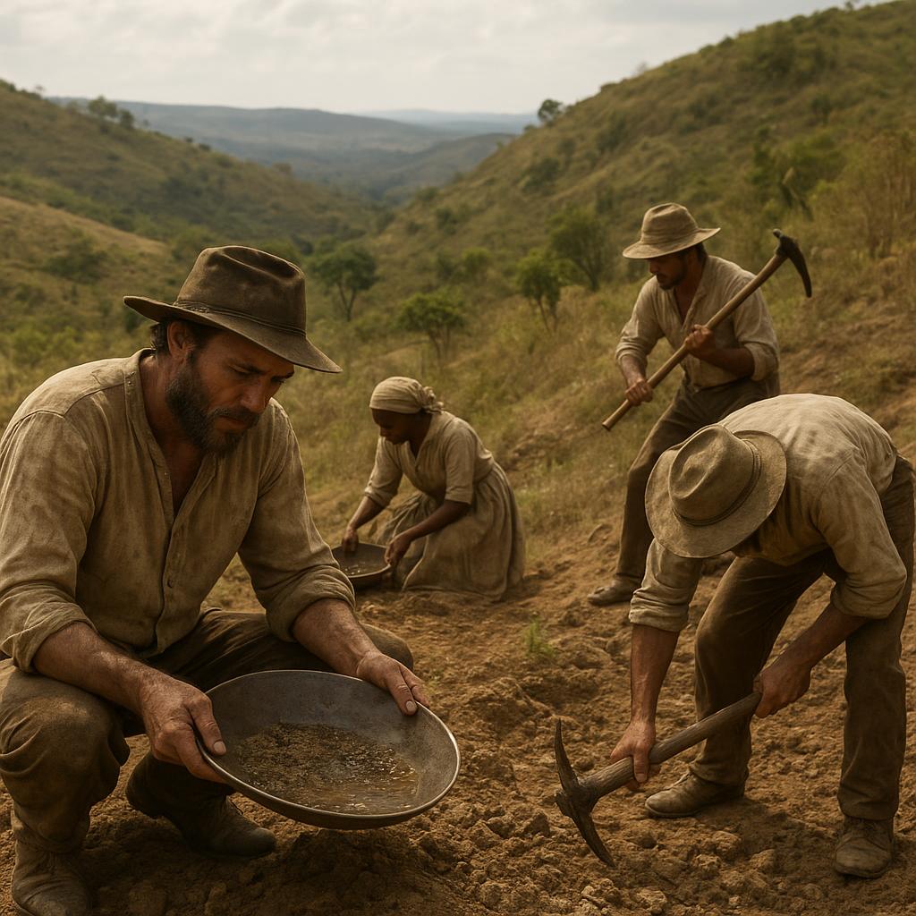 Prospectors searching for gold in the hills of Minas Gerais during the gold rush